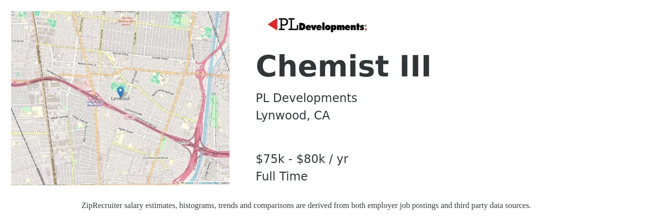 PL Developments job posting for a Chemist III in Lynwood, CA with a salary of $75,000 to $80,000 Yearly with a map of Lynwood location.