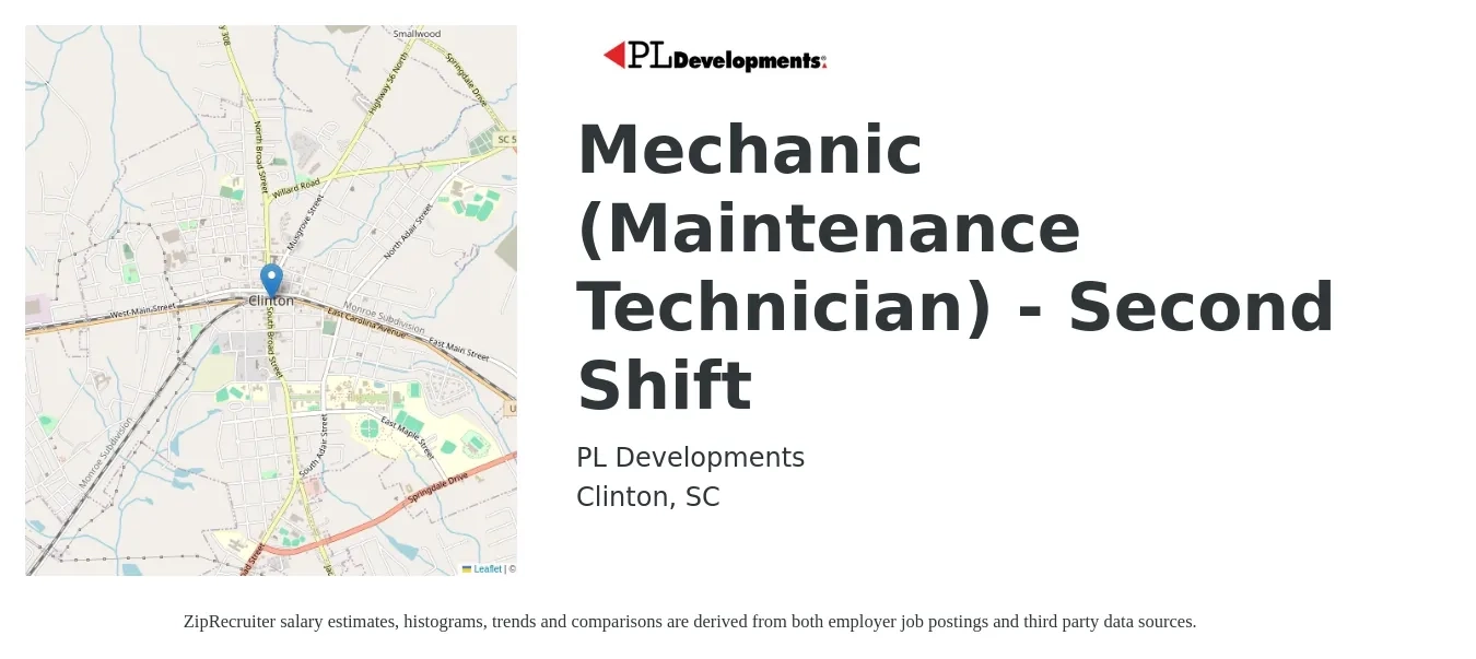 PL Developments job posting for a Mechanic (Maintenance Technician) - Second Shift in Clinton, SC with a salary of $22 to $29 Hourly with a map of Clinton location.