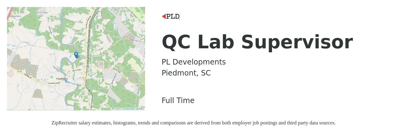PL Developments job posting for a QC Lab Supervisor in Piedmont, SC with a salary of $55,300 to $91,400 Yearly with a map of Piedmont location.