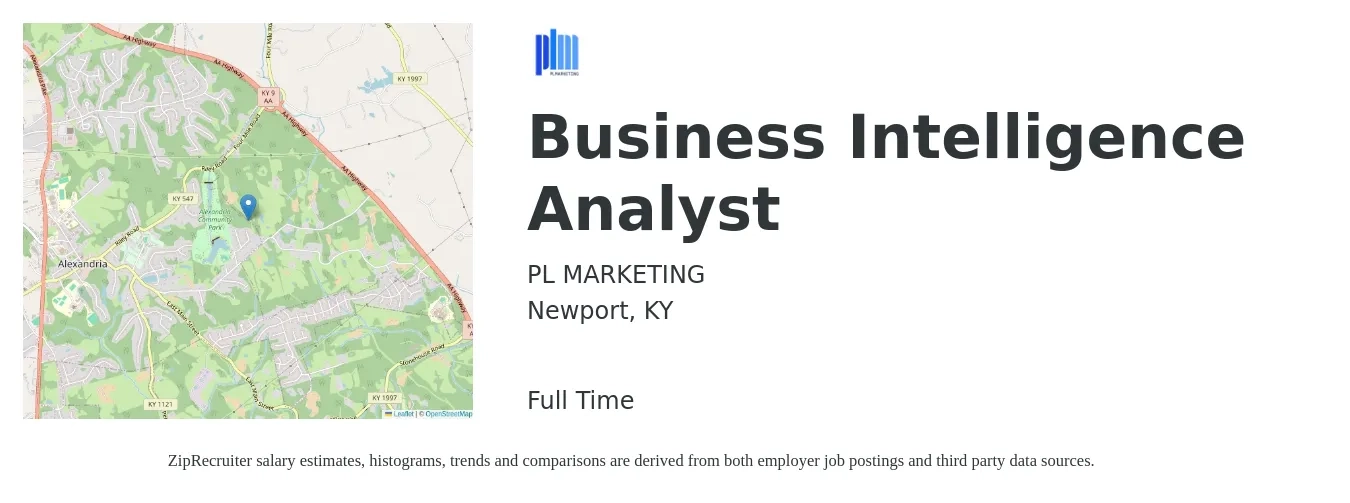 P.L. Marketing job posting for a Business Intelligence Analyst in Newport, KY with a salary of $72,100 to $110,000 Yearly with a map of Newport location.