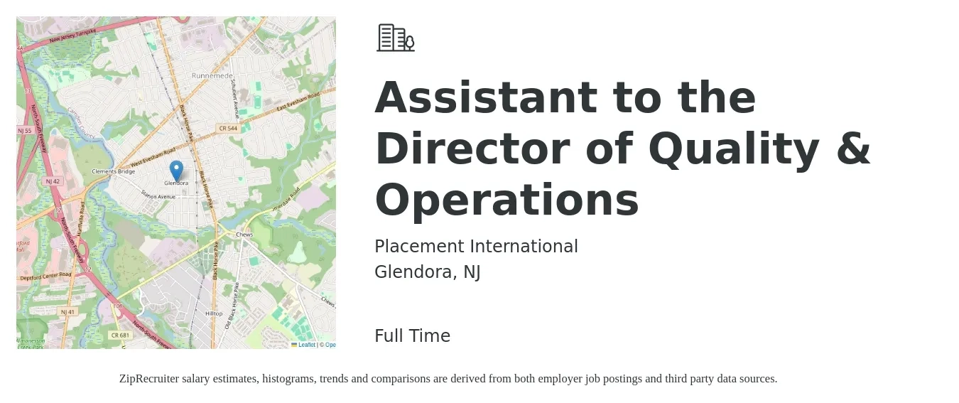 Placement International job posting for a Assistant to the Director of Quality & Operations in Glendora, NJ with a salary of $16 to $22 Hourly with a map of Glendora location.