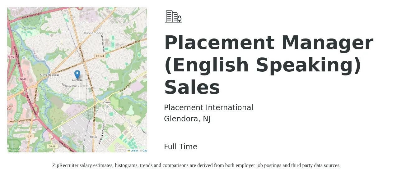 Placement International job posting for a Placement Manager (English Speaking) Sales in Glendora, NJ with a salary of $43,300 to $92,900 Yearly with a map of Glendora location.