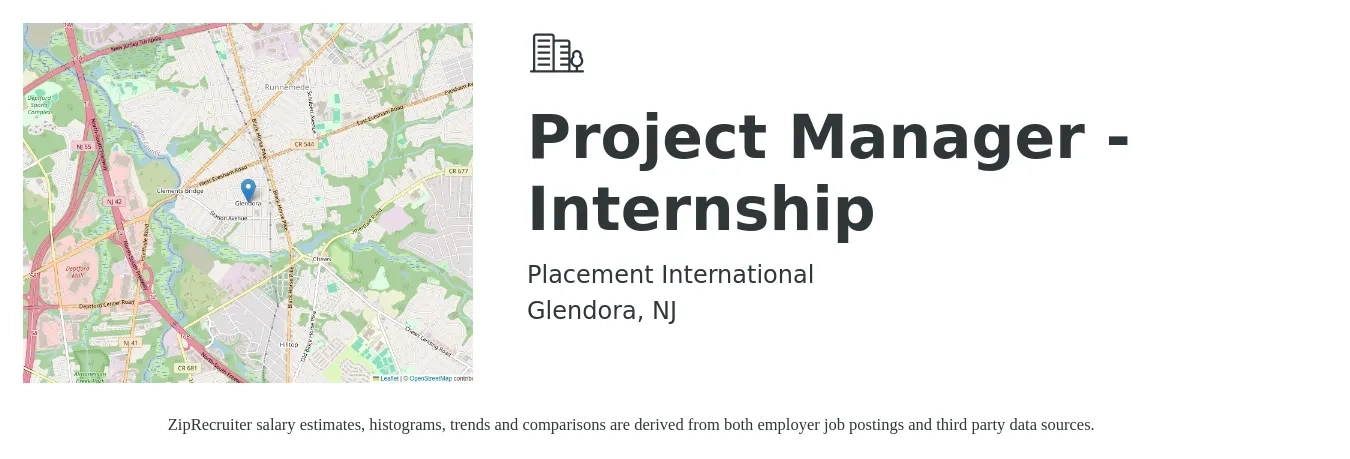 Placement International job posting for a Project Manager - Internship in Glendora, NJ with a salary of $28,900 to $33,700 Yearly with a map of Glendora location.