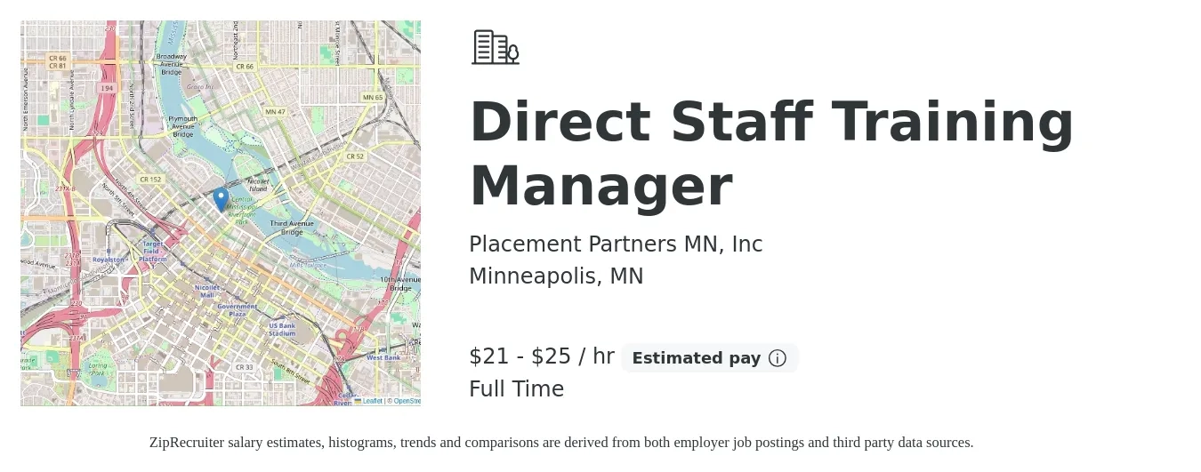 Placement Partners MN, Inc job posting for a Direct Staff Training Manager in Minneapolis, MN with a salary of $22 to $26 Hourly with a map of Minneapolis location.