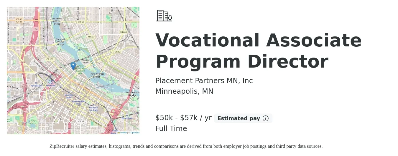 Placement Partners MN, Inc job posting for a Vocational Associate Program Director in Minneapolis, MN with a salary of $50,000 to $57,000 Yearly with a map of Minneapolis location.