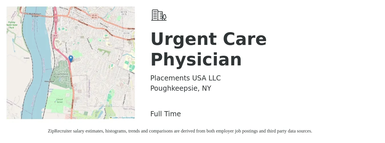 Placements USA LLC job posting for a Urgent Care Physician in Poughkeepsie, NY with a salary of $217,400 to $257,900 Yearly with a map of Poughkeepsie location.