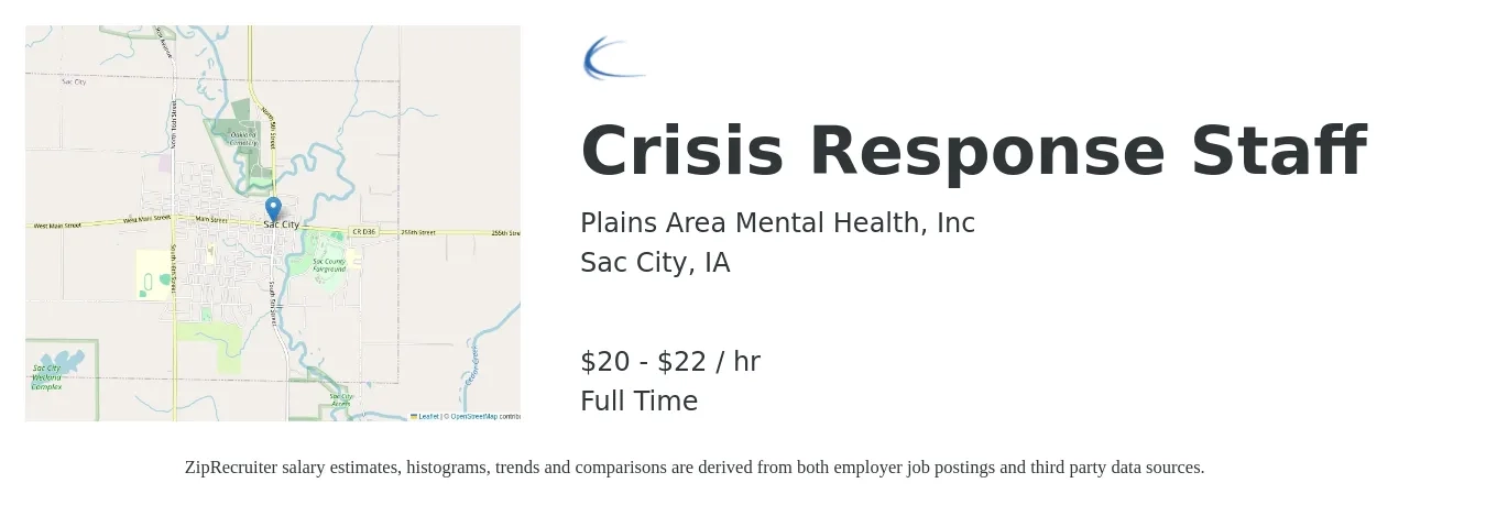 Plains Area Mental Health, Inc job posting for a Crisis Response Staff in Sac City, IA with a salary of $21 to $23 Hourly with a map of Sac City location.