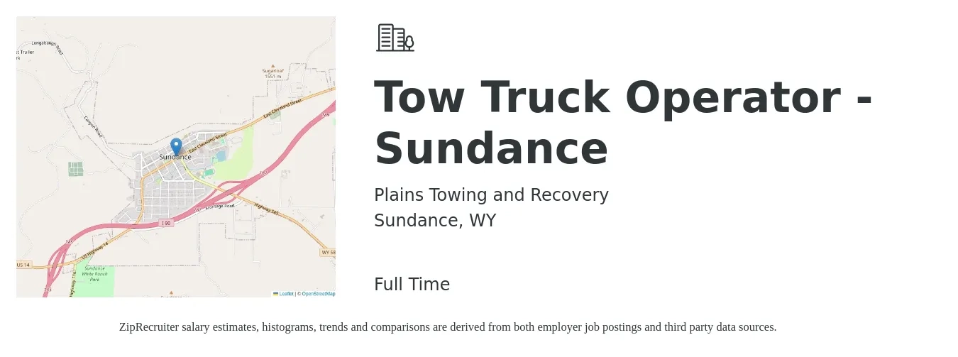 Plains Towing and Recovery job posting for a Tow Truck Operator - Sundance in Sundance, WY with a salary of $36,000 Yearly with a map of Sundance location.