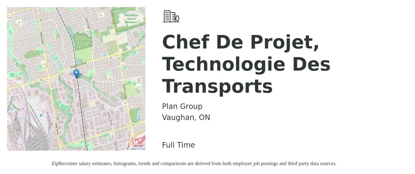 Plan Group job posting for a Chef De Projet, Technologie Des Transports in Vaughan, ON with a map of Vaughan location.
