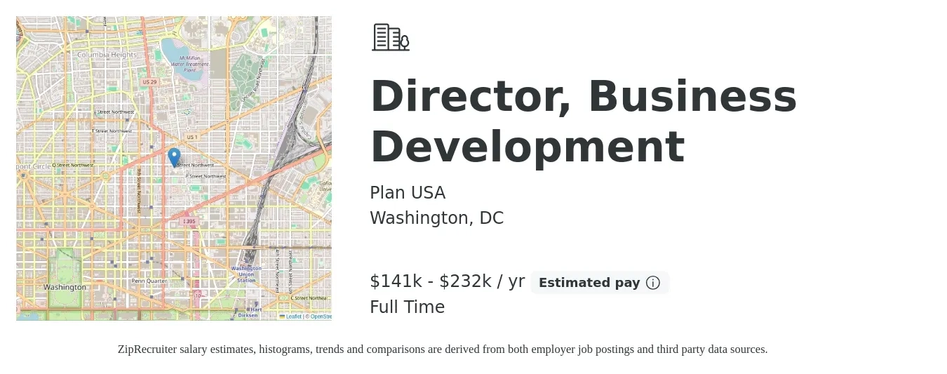 Plan USA job posting for a Director, Business Development in Washington, DC with a salary of $141,038 to $232,712 Yearly with a map of Washington location.