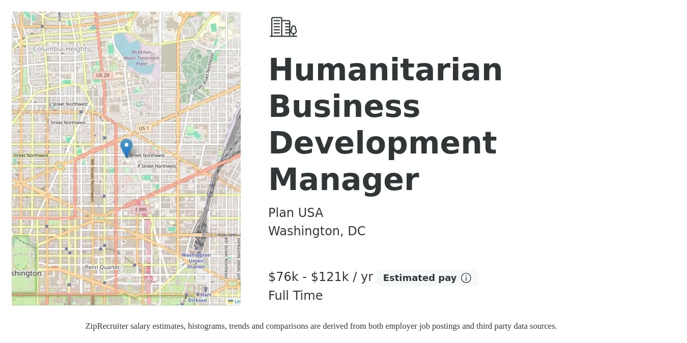 Plan USA job posting for a Humanitarian Business Development Manager in Washington, DC with a salary of $76,079 to $121,726 Yearly with a map of Washington location.