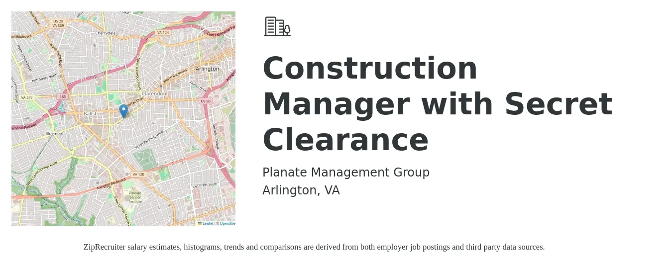 Planate Management Group job posting for a Construction Manager with Secret Clearance in Arlington, VA with a salary of $81,100 to $132,000 Yearly with a map of Arlington location.