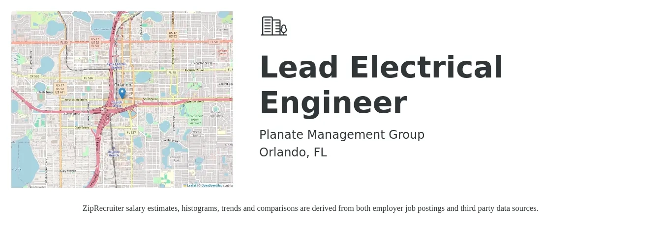Planate Management Group job posting for a Lead Electrical Engineer in Orlando, FL with a salary of $149,400 to $155,900 Yearly with a map of Orlando location.