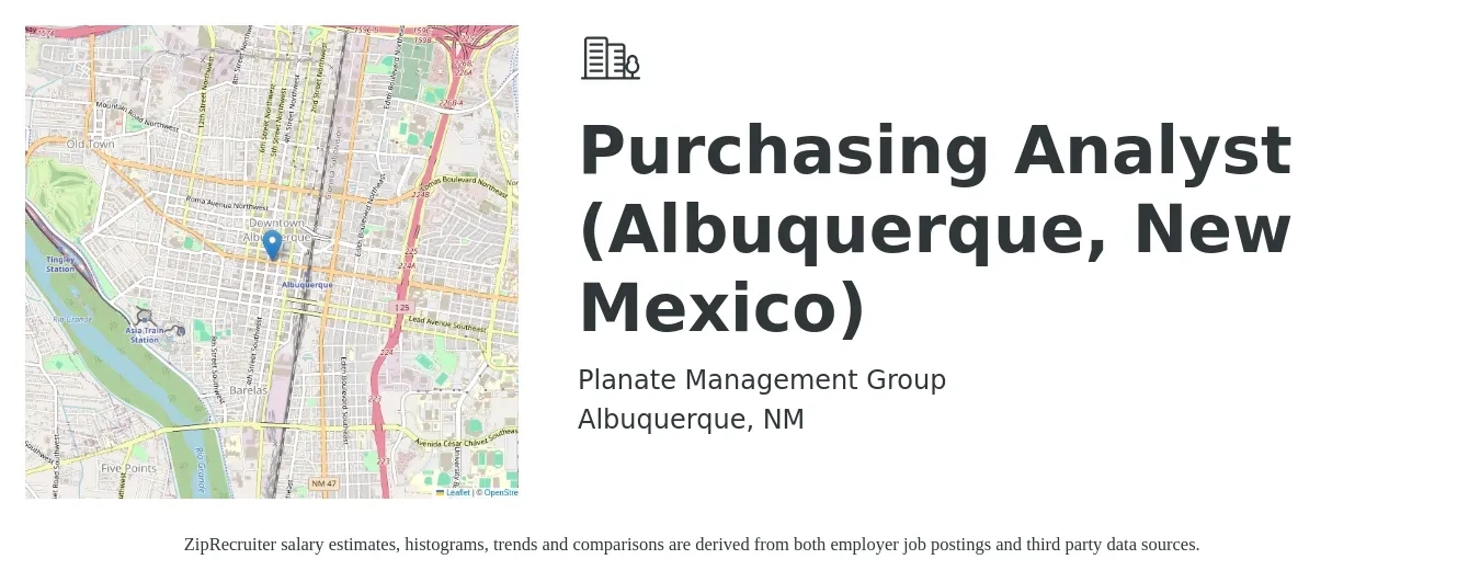 Planate Management Group job posting for a Purchasing Analyst (Albuquerque, New Mexico) in Albuquerque, NM with a salary of $60,000 to $75,000 Yearly with a map of Albuquerque location.