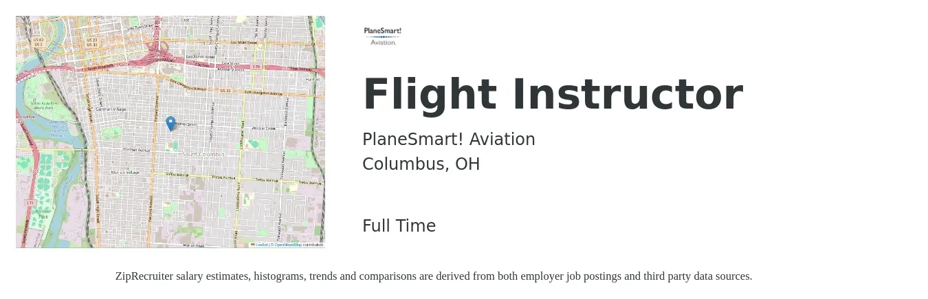 PlaneSmart! Aviation job posting for a Flight Instructor in Columbus, OH with a salary of $66,600 to $108,200 Yearly with a map of Columbus location.