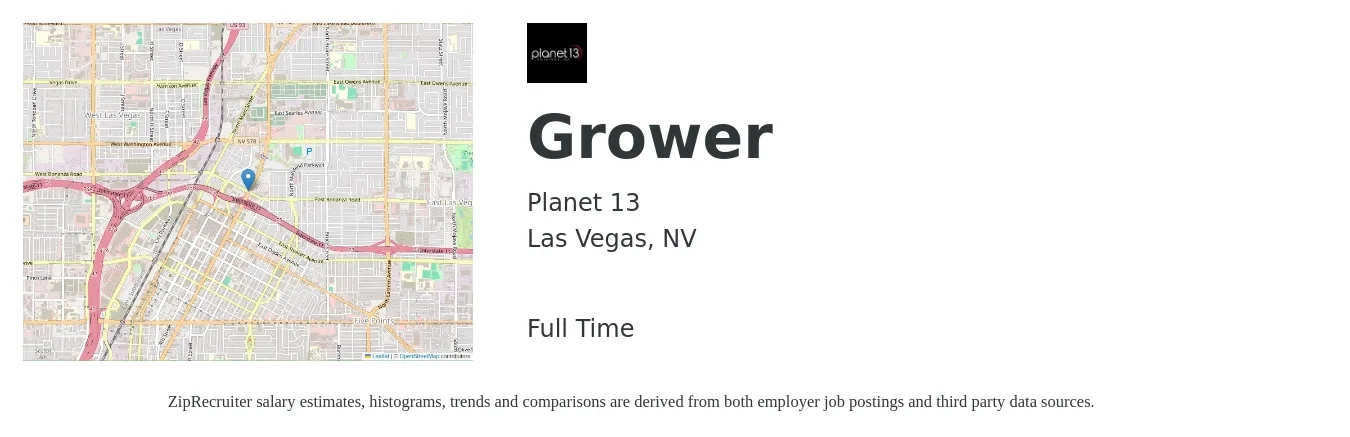 Planet 13 job posting for a Grower in Las Vegas, NV with a salary of $14 to $25 Hourly with a map of Las Vegas location.