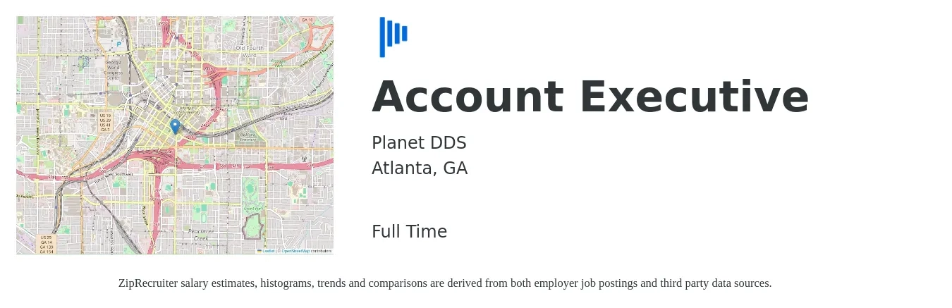 Planet DDS job posting for a Account Executive in Atlanta, GA with a salary of $53,000 to $93,200 Yearly with a map of Atlanta location.