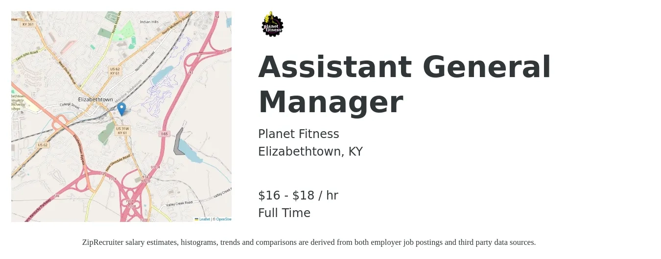 Planet Fitness - Glow Brands job posting for a Assistant General Manager in Elizabethtown, KY with a salary of $17 to $19 Hourly with a map of Elizabethtown location.