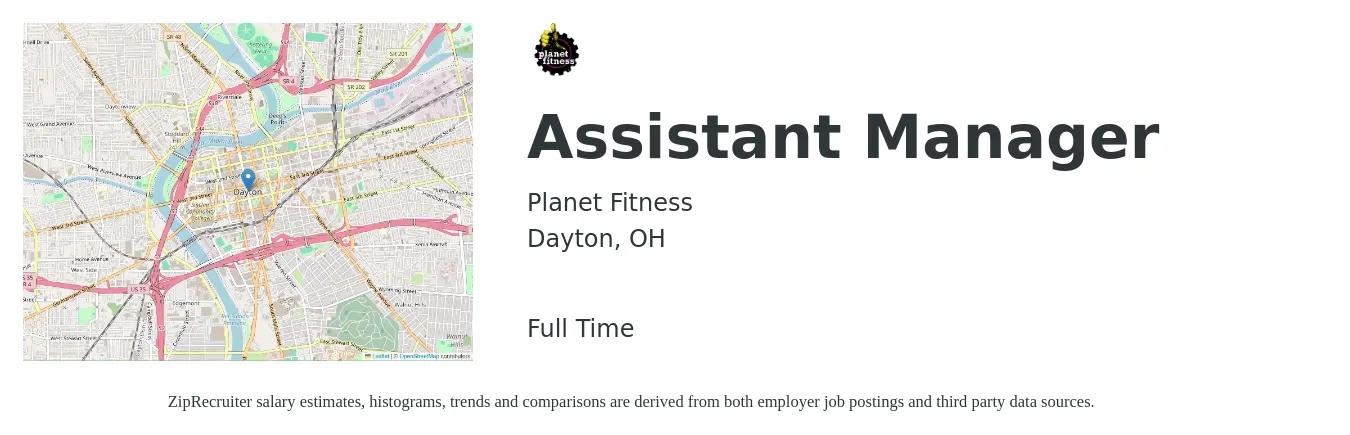 Planet Fitness job posting for a Assistant Manager in Dayton, OH with a map of Dayton location.