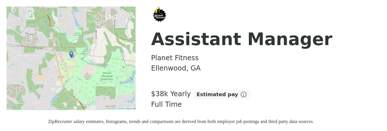 Planet Fitness job posting for a Assistant Manager in Ellenwood, GA with a salary of $38,000 Yearly with a map of Ellenwood location.