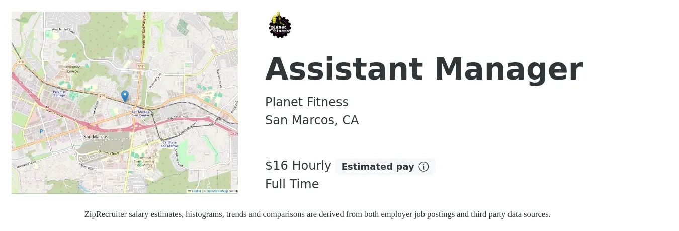 Planet Fitness job posting for a Assistant Manager in San Marcos, CA with a salary of $18 Hourly with a map of San Marcos location.