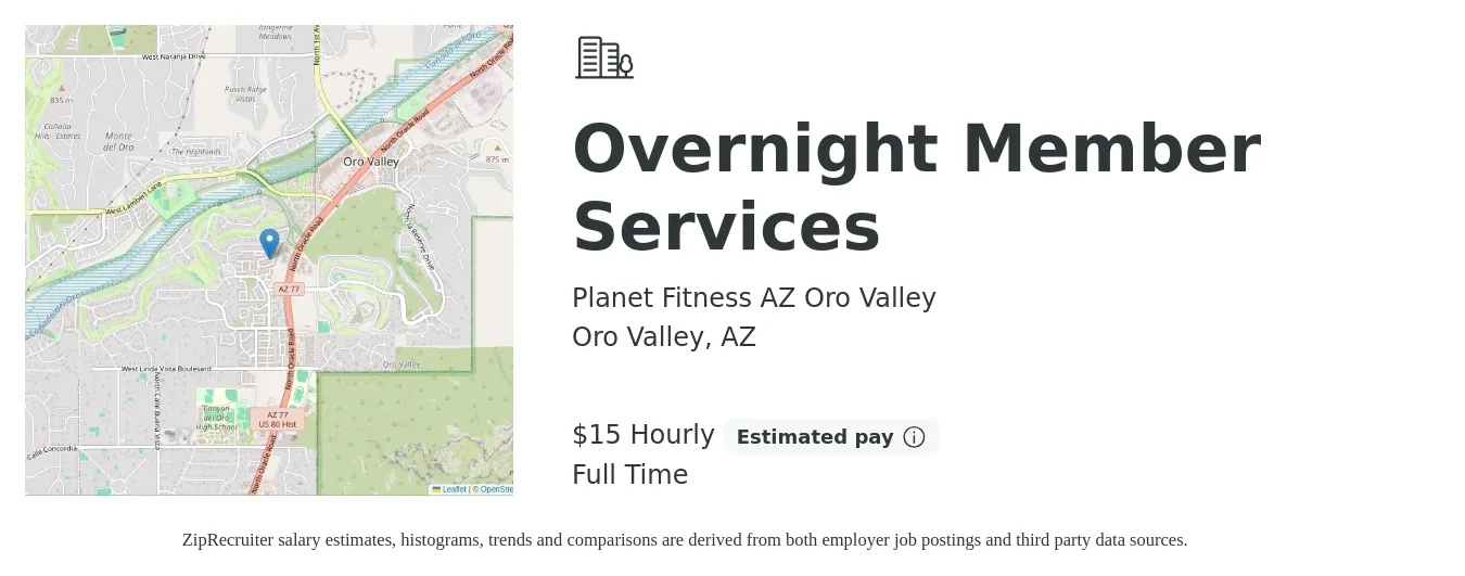 Planet Fitness AZ Oro Valley job posting for a Overnight Member Services in Oro Valley, AZ with a salary of $16 to $16 Hourly with a map of Oro Valley location.