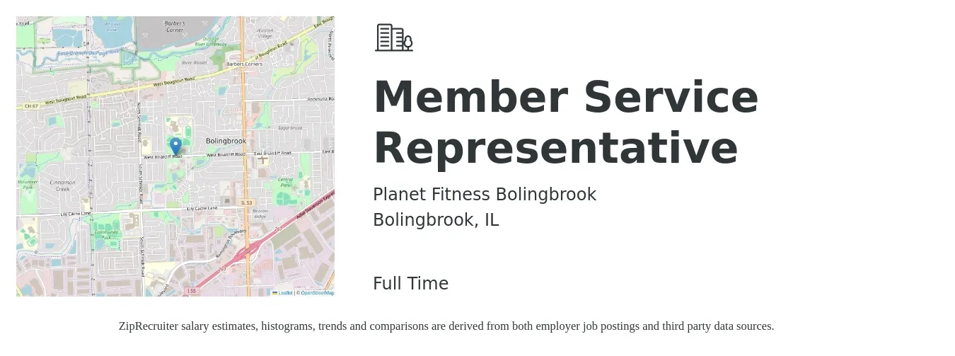 Planet Fitness Bolingbrook job posting for a Member Service Representative in Bolingbrook, IL with a salary of $12 to $20 Hourly with a map of Bolingbrook location.