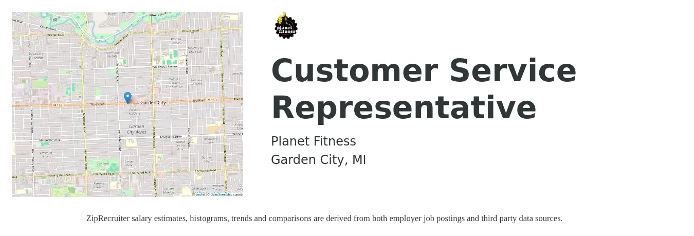 Planet Fitness job posting for a Customer Service Representative in Garden City, MI with a salary of $13 Hourly with a map of Garden City location.
