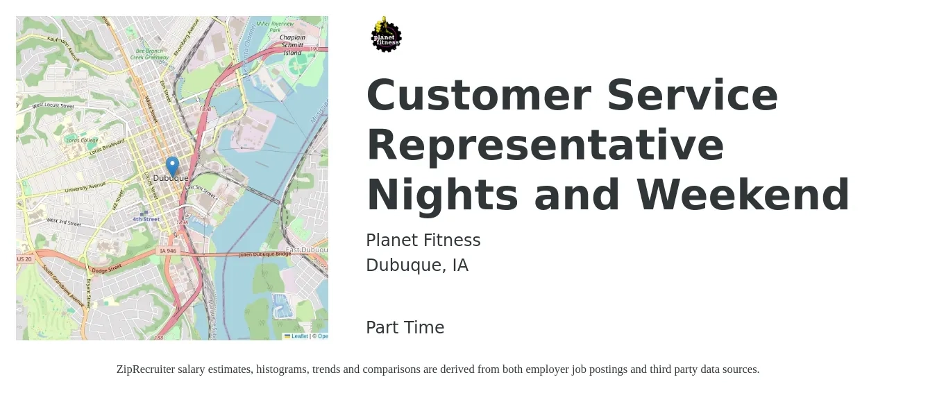 Planet Fitness - PF Baseline Fitness job posting for a Customer Service Representative Nights and Weekend in Dubuque, IA with a salary of $15 to $20 Hourly with a map of Dubuque location.