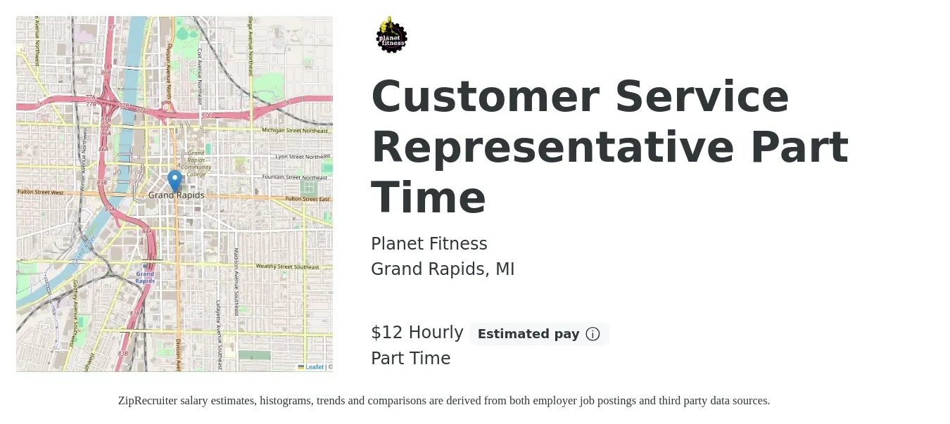 Planet Fitness job posting for a Customer Service Representative Part Time in Grand Rapids, MI with a salary of $13 Hourly with a map of Grand Rapids location.