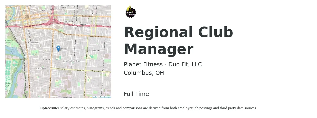 Planet Fitness - Duo Fit, LLC job posting for a Regional Club Manager in Columbus, OH with a salary of $57,300 to $71,600 Yearly with a map of Columbus location.