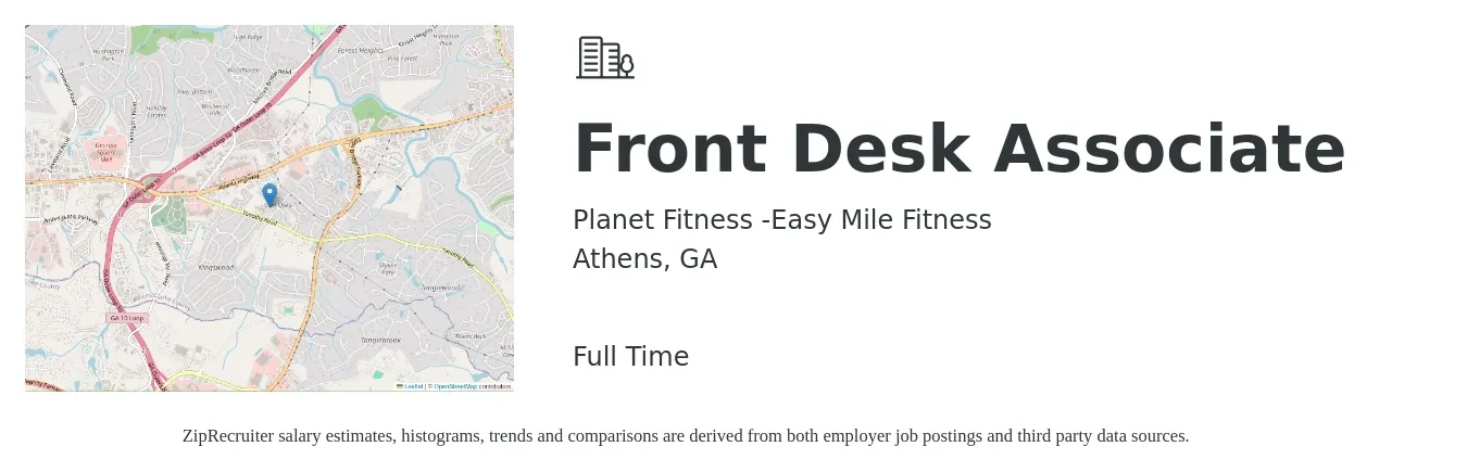 Planet Fitness -Easy Mile Fitness job posting for a Front Desk Associate in Athens, GA with a salary of $12 to $16 Hourly with a map of Athens location.