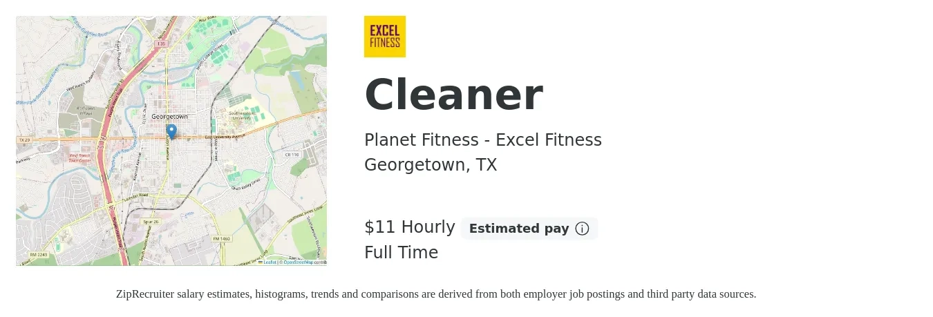 Planet Fitness - Excel Fitness job posting for a Cleaner in Georgetown, TX with a salary of $12 Hourly with a map of Georgetown location.