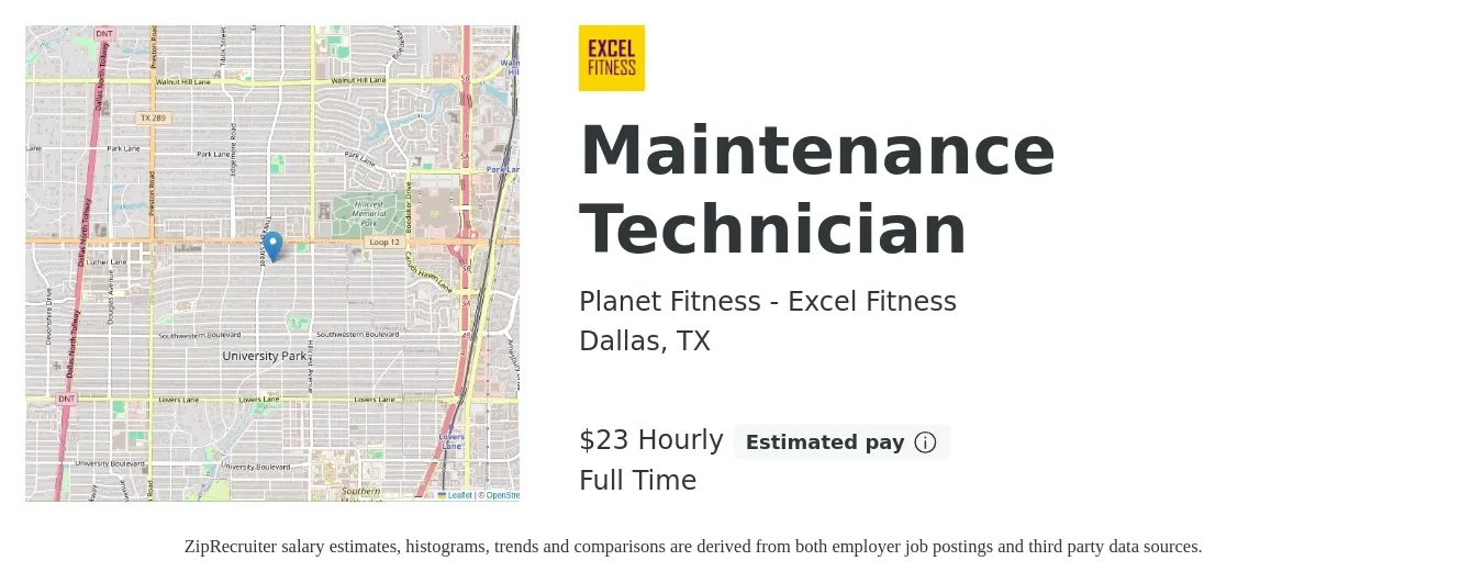 Planet Fitness - Excel Fitness job posting for a Maintenance Technician in Dallas, TX with a salary of $24 Hourly with a map of Dallas location.