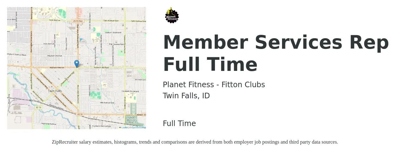 Planet Fitness - Fitton Clubs job posting for a Member Services Rep Full Time in Twin Falls, ID with a salary of $12 Hourly with a map of Twin Falls location.