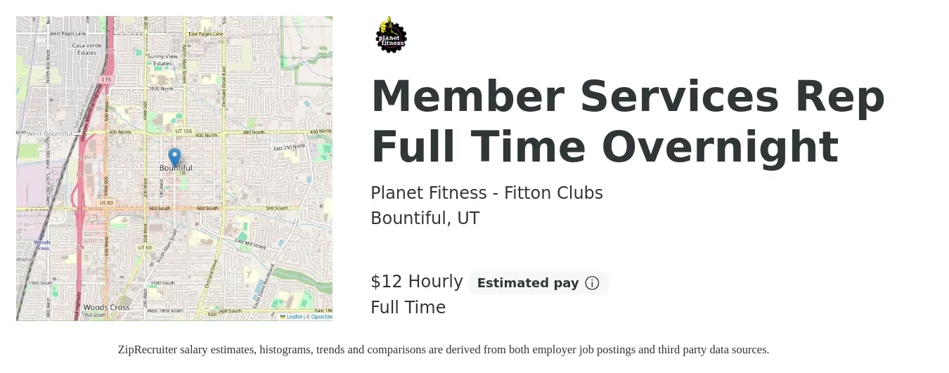 Planet Fitness - Fitton Clubs job posting for a Member Services Rep Full Time Overnight in Bountiful, UT with a salary of $13 Hourly with a map of Bountiful location.