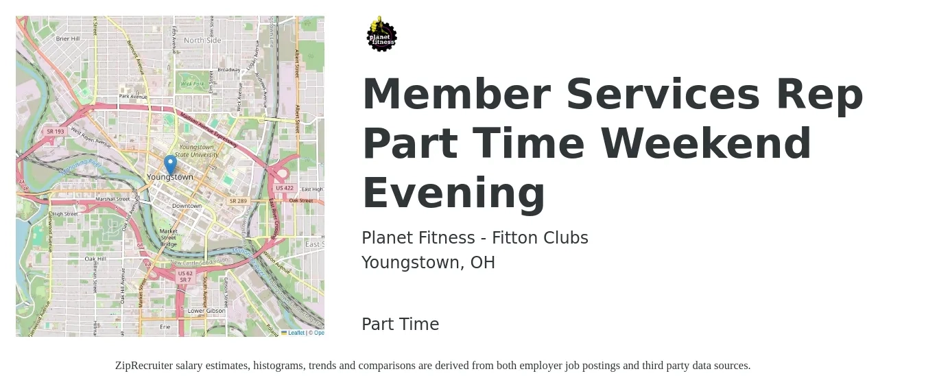 Planet Fitness - Fitton Clubs job posting for a Member Services Rep Part Time Weekend Evening in Youngstown, OH with a salary of $12 to $18 Hourly with a map of Youngstown location.