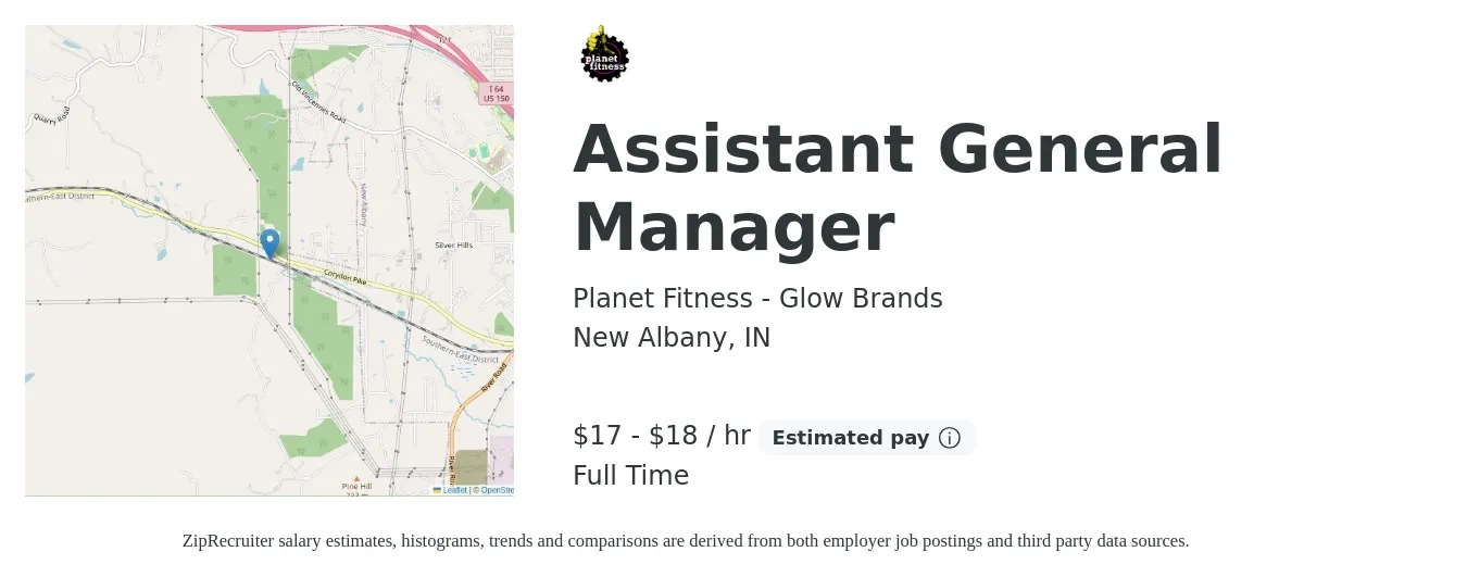 Planet Fitness - Glow Brands job posting for a Assistant General Manager in New Albany, IN with a salary of $18 to $19 Hourly with a map of New Albany location.