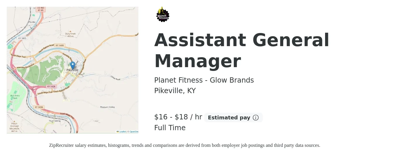 Planet Fitness - Glow Brands job posting for a Assistant General Manager in Pikeville, KY with a salary of $17 to $19 Hourly with a map of Pikeville location.