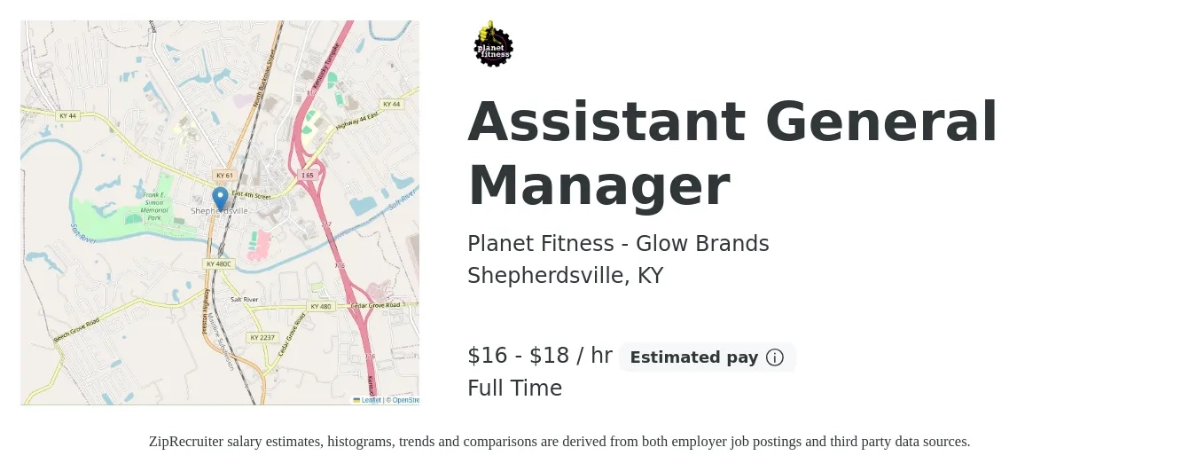 Planet Fitness job posting for a Assistant General Manager in Shepherdsville, KY with a salary of $17 to $19 Hourly with a map of Shepherdsville location.