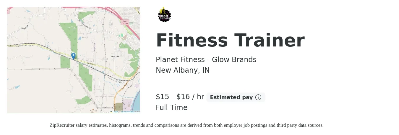 Planet Fitness - Glow Brands job posting for a Fitness Trainer in New Albany, IN with a salary of $16 to $17 Hourly with a map of New Albany location.