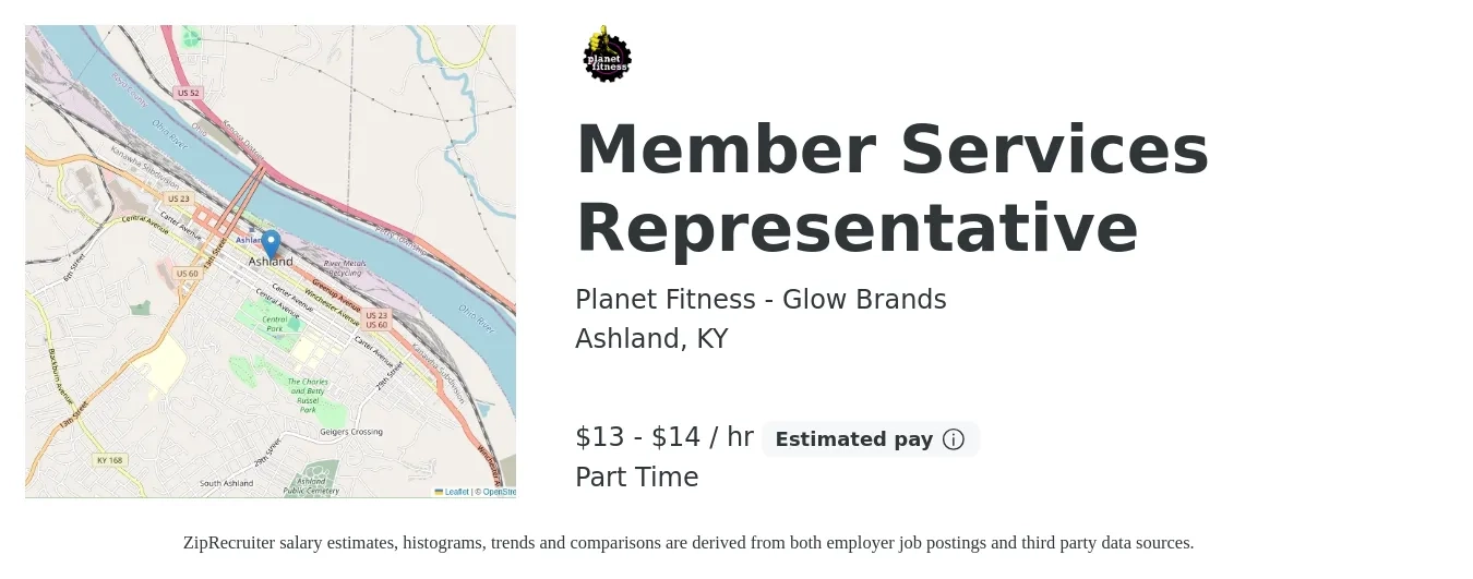Planet Fitness - Glow Brands job posting for a Member Services Representative in Ashland, KY with a salary of $14 to $15 Hourly with a map of Ashland location.