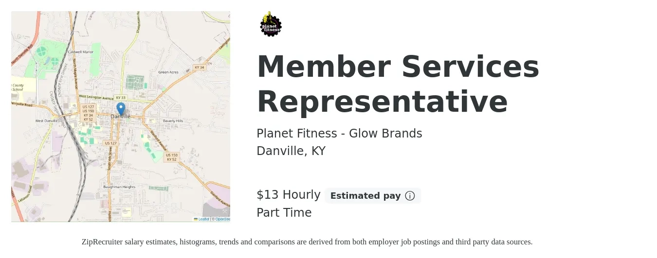 Planet Fitness - Glow Brands job posting for a Member Services Representative in Danville, KY with a salary of $14 Hourly with a map of Danville location.