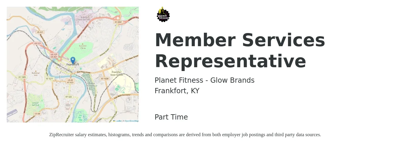 Planet Fitness - Glow Brands job posting for a Member Services Representative in Frankfort, KY with a salary of $11 to $17 Hourly with a map of Frankfort location.
