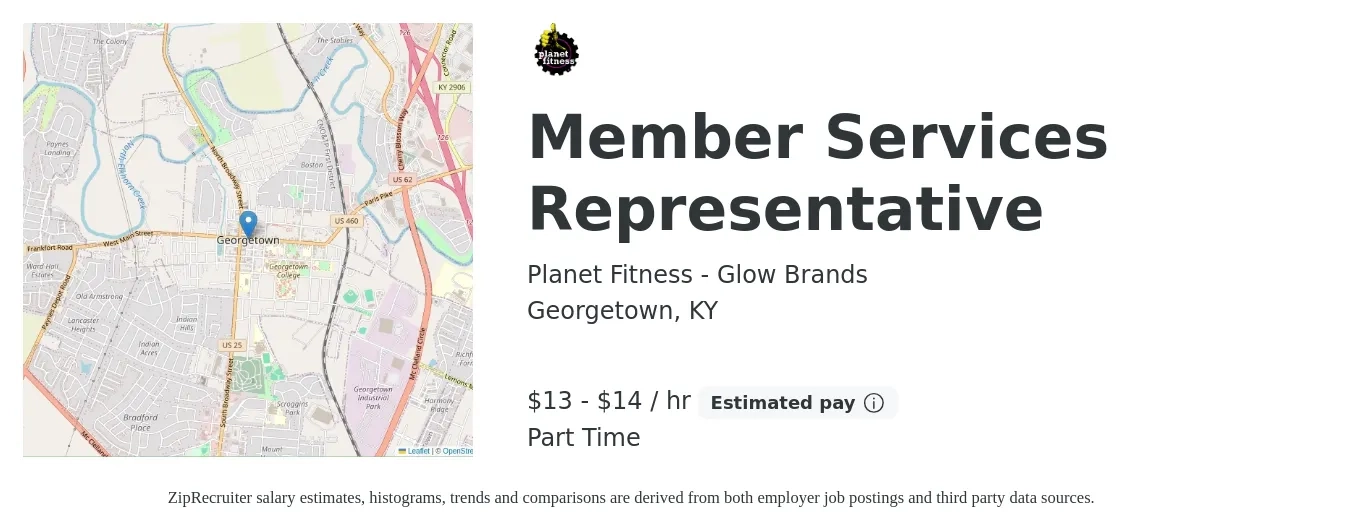 Planet Fitness - Glow Brands job posting for a Member Services Representative in Georgetown, KY with a salary of $11 to $18 Hourly with a map of Georgetown location.