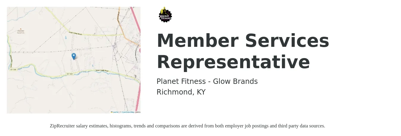 Planet Fitness - Glow Brands job posting for a Member Services Representative in Richmond, KY with a salary of $14 to $15 Hourly with a map of Richmond location.