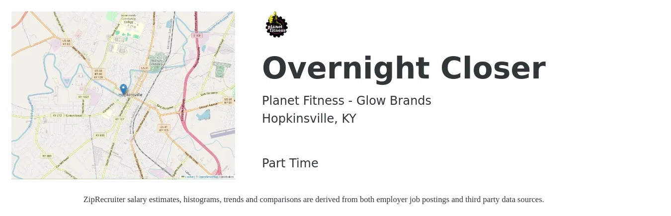Planet Fitness - Glow Brands job posting for a Overnight Closer in Hopkinsville, KY with a salary of $10 to $14 Hourly with a map of Hopkinsville location.