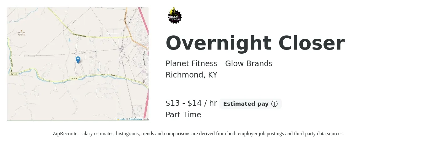 Planet Fitness - Glow Brands job posting for a Overnight Closer in Richmond, KY with a salary of $14 to $15 Hourly with a map of Richmond location.