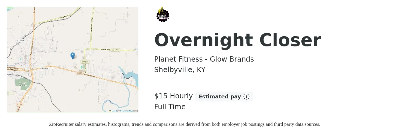Planet Fitness - Glow Brands job posting for a Overnight Closer in Shelbyville, KY with a salary of $16 Hourly with a map of Shelbyville location.