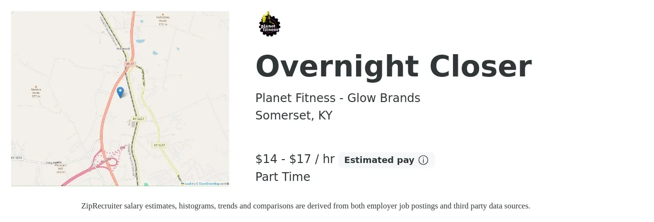Planet Fitness - Glow Brands job posting for a Overnight Closer in Somerset, KY with a salary of $15 to $18 Hourly with a map of Somerset location.